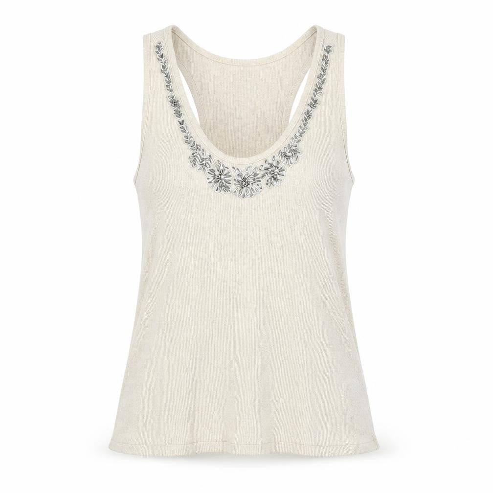 Front view of Marks & Spencer women’s beige cotton basic tank, size UK 10, scoop neck