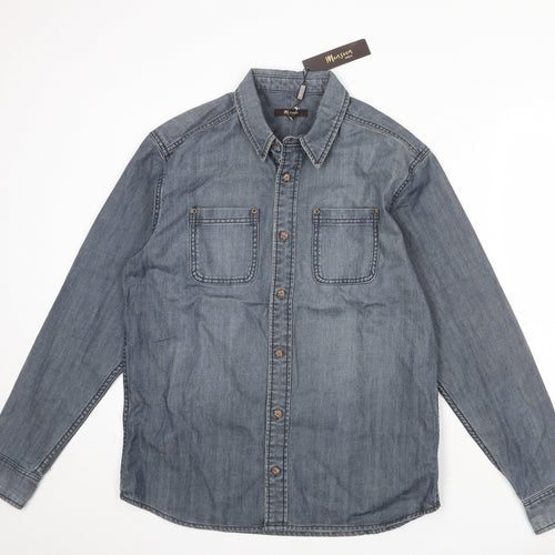 Monsoon Mens Blue Cotton Button-Up Size L Collared Button