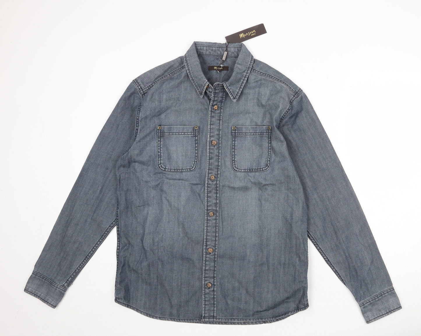 Monsoon Mens Blue Cotton Button-Up Size L Collared Button