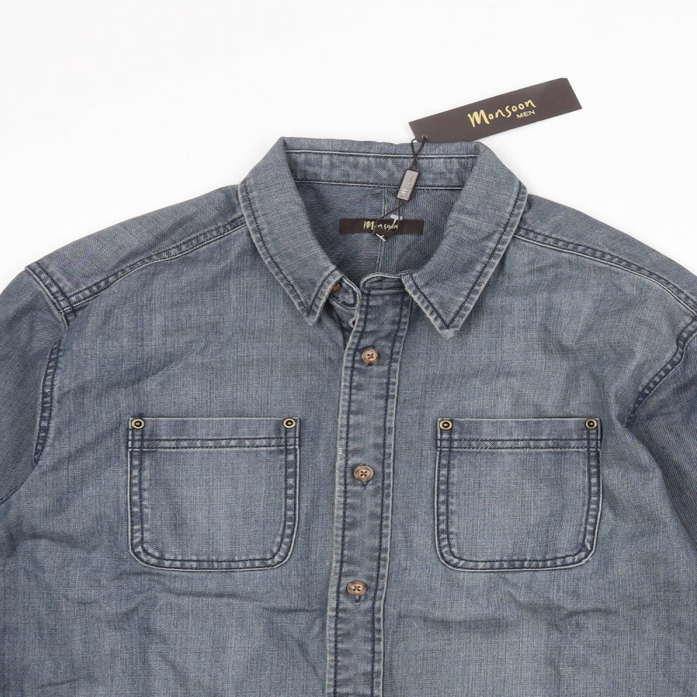 Monsoon Mens Blue Cotton Button-Up Size L Collared Button
