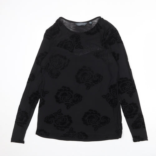 Dorothy Perkins Womens Black Floral Polyester Basic Blouse Size 14 Round Neck