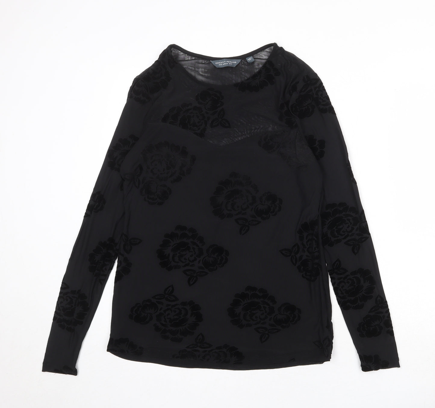 Dorothy Perkins Womens Black Floral Polyester Basic Blouse Size 14 Round Neck