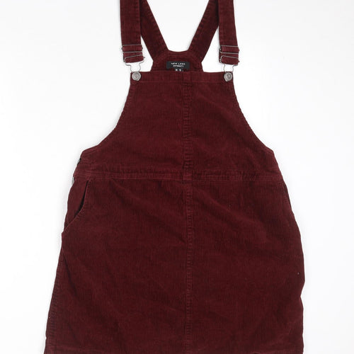 New Look Womens Red Cotton Pinafore/Dungaree Dress Size 10 Square Neck Button