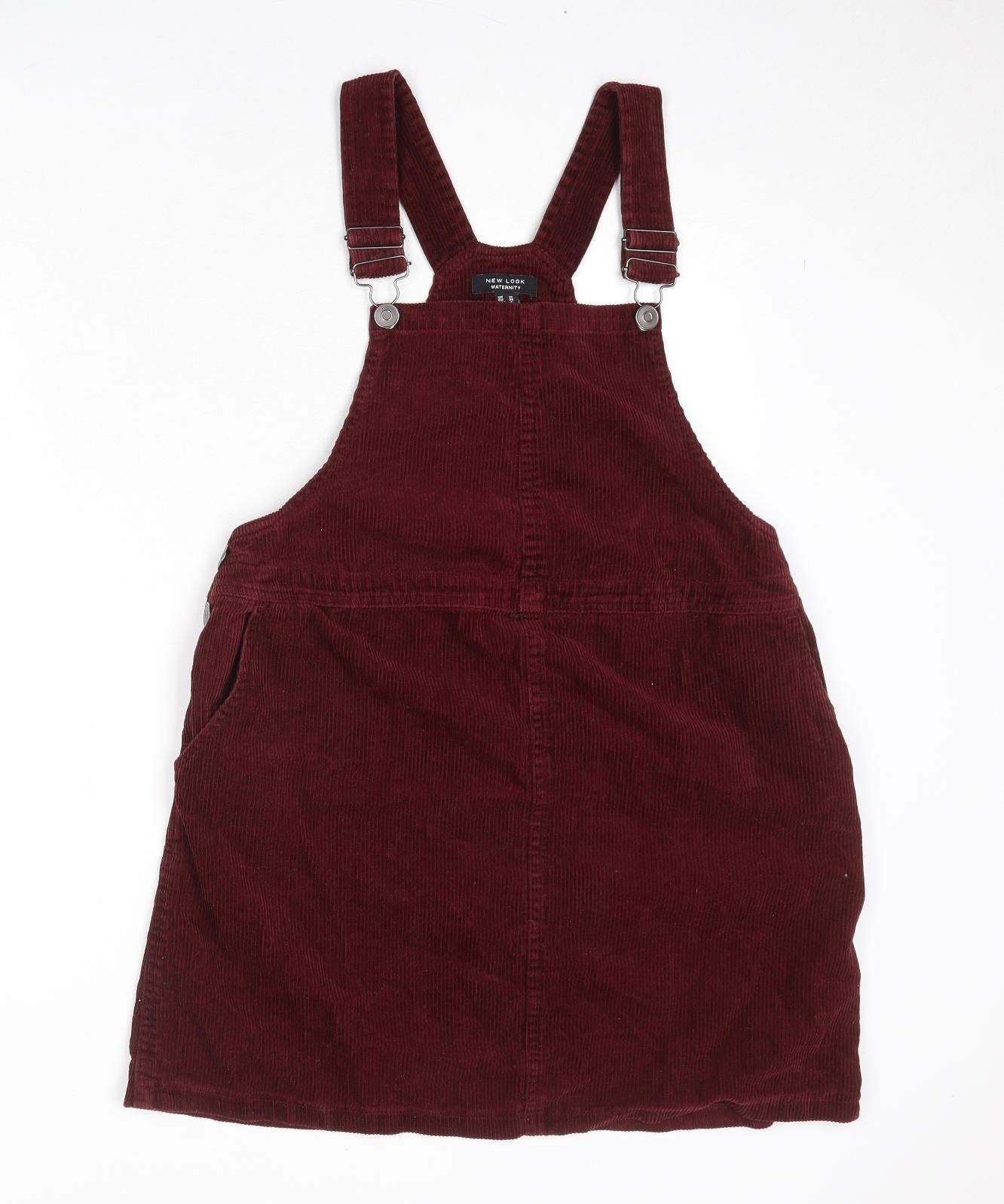 New Look Womens Red Cotton Pinafore/Dungaree Dress Size 10 Square Neck Button