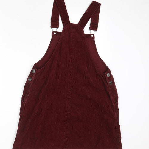 New Look Womens Red Cotton Pinafore/Dungaree Dress Size 10 Square Neck Button