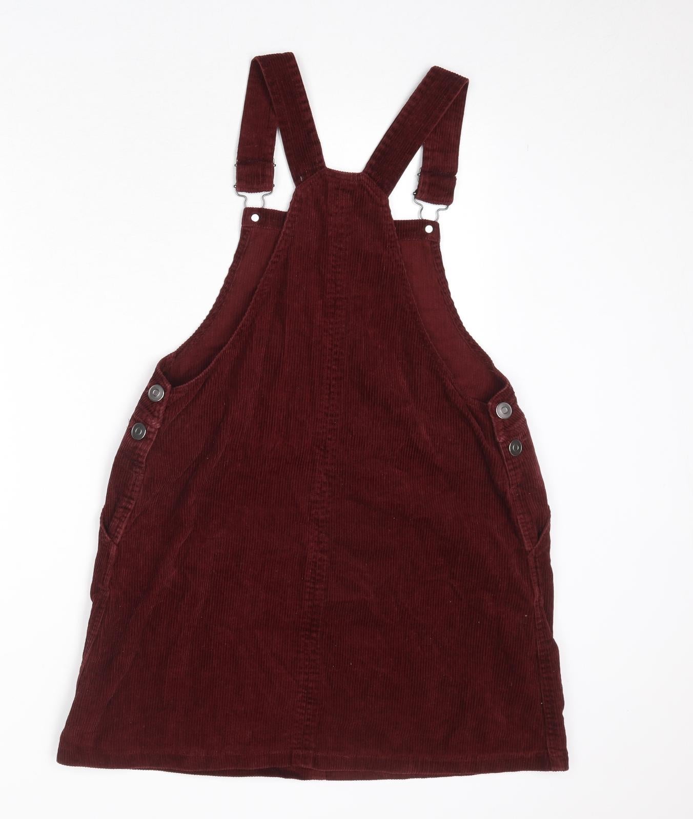 New Look Womens Red Cotton Pinafore/Dungaree Dress Size 10 Square Neck Button