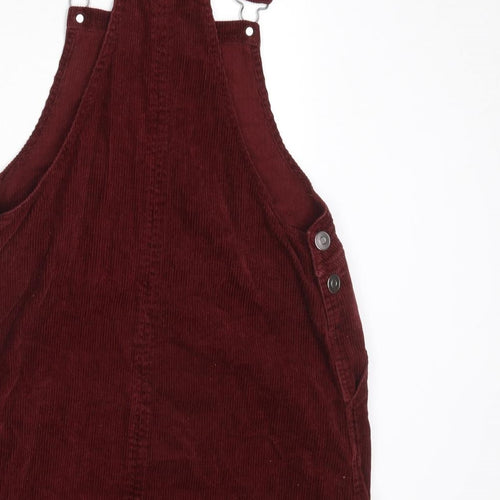 New Look Womens Red Cotton Pinafore/Dungaree Dress Size 10 Square Neck Button