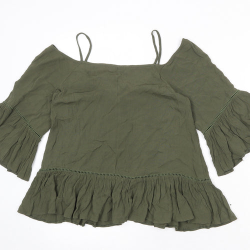 Miss Selfridge Womens Green Viscose Basic Blouse Size 8 V-Neck - Cold Shoulder