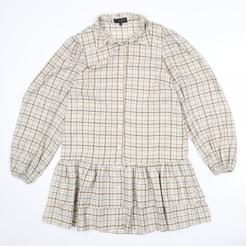 In the Style Womens Beige Plaid Polyester Shirt Dress Size 8 Collared Button