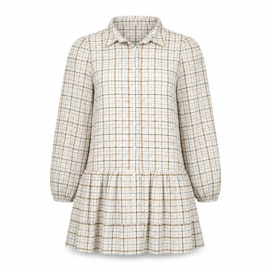 Front view of In the Style women’s beige plaid polyester shirt dress, size UK 8, collared button
