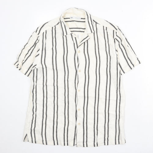 Zara Mens Ivory Striped Viscose Button-Up Size M Collared Button