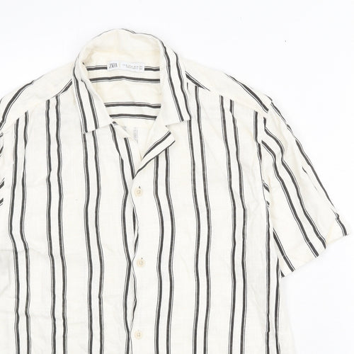 Zara Mens Ivory Striped Viscose Button-Up Size M Collared Button