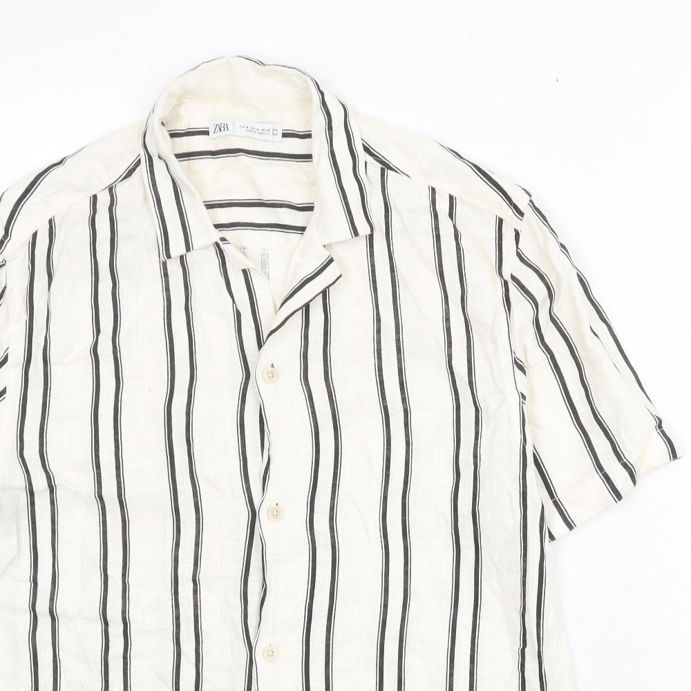 Zara Mens Ivory Striped Viscose Button-Up Size M Collared Button
