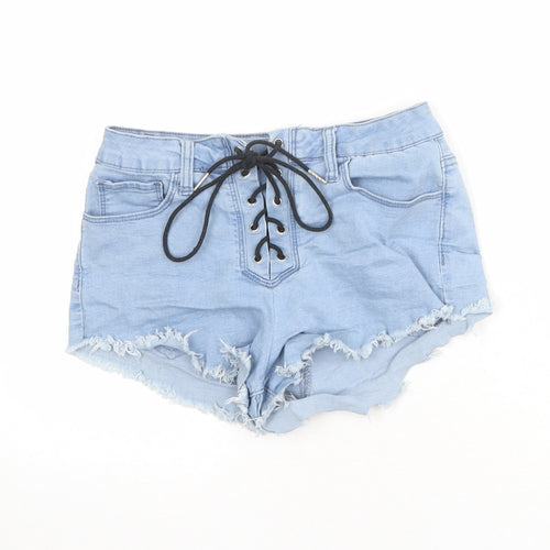 PRETTYLITTLETHING Womens Blue Cotton Cut-Off Shorts Size 10 Regular Lace Up