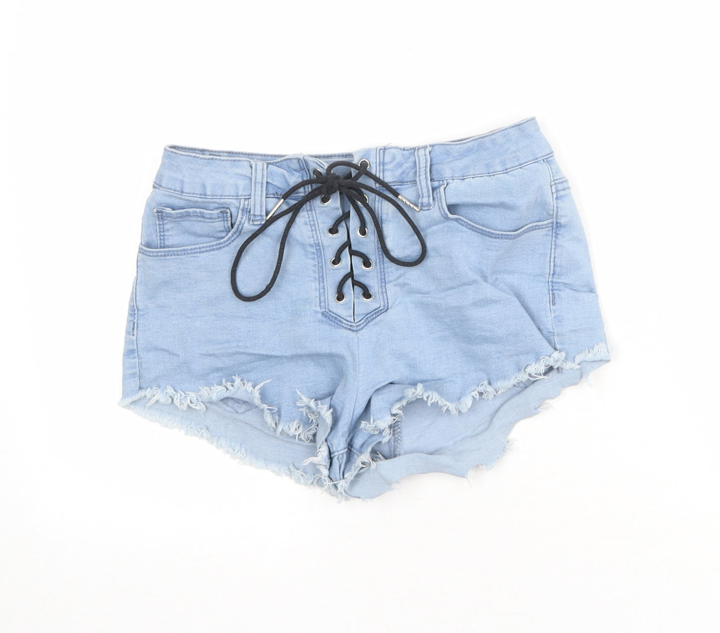 PRETTYLITTLETHING Womens Blue Cotton Cut-Off Shorts Size 10 Regular Lace Up