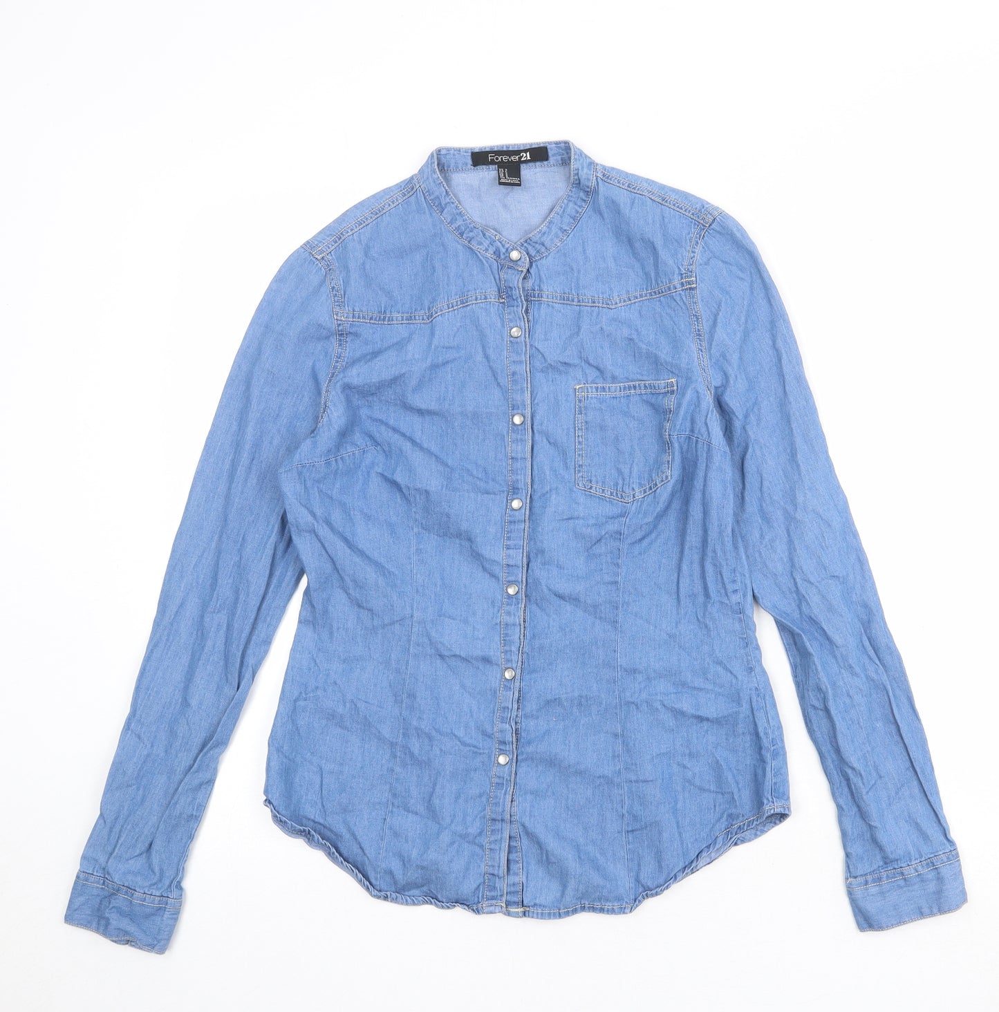 FOREVER 21 Womens Blue 100% Cotton Basic Button-Up Size S Round Neck