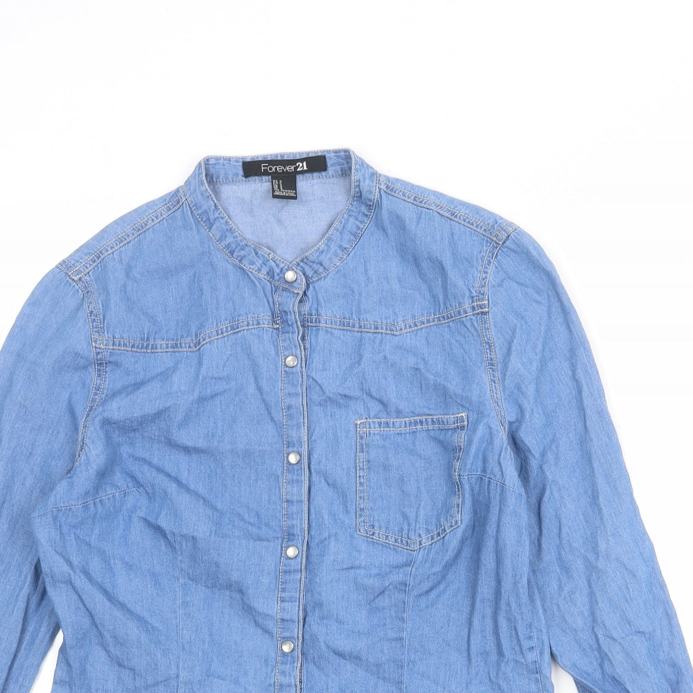 FOREVER 21 Womens Blue 100% Cotton Basic Button-Up Size S Round Neck