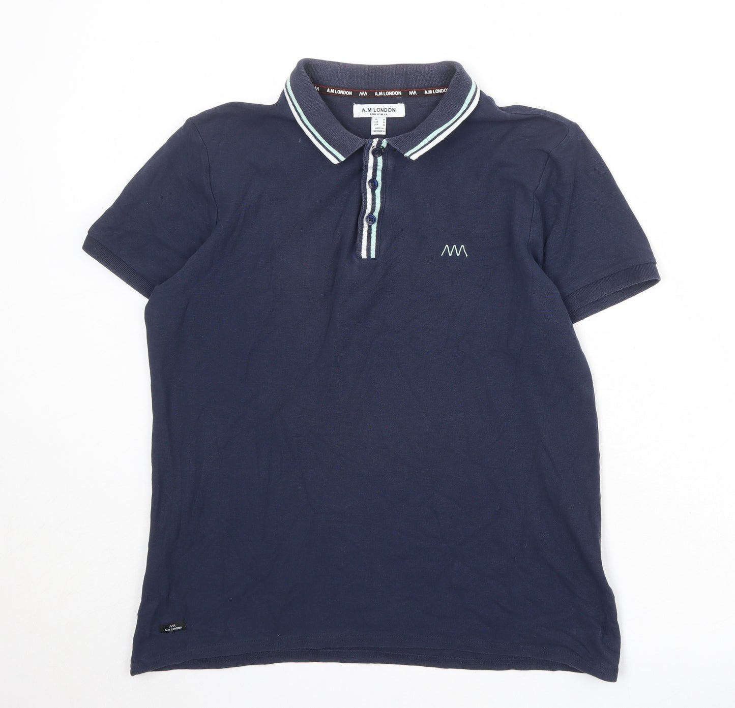 A.M London Mens Blue 100% Cotton Polo Size M Collared Button