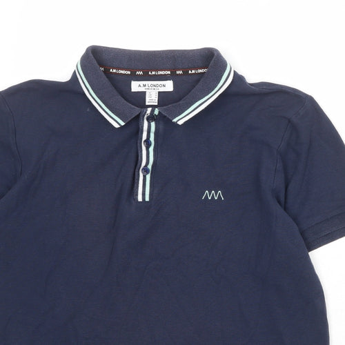 A.M London Mens Blue 100% Cotton Polo Size M Collared Button