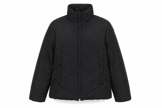 Front view of Essentials women’s black quilted jacket, size UK 12, zip
