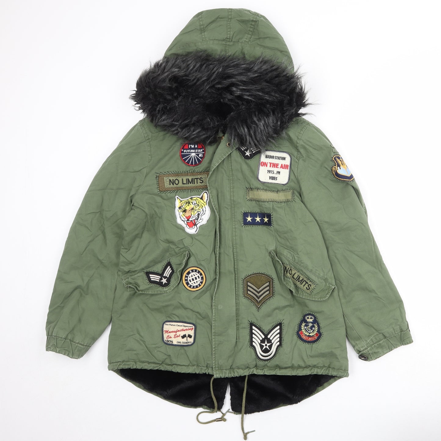 Zara Womens Green Parka Coat Size M Zip - Patch Work Detail