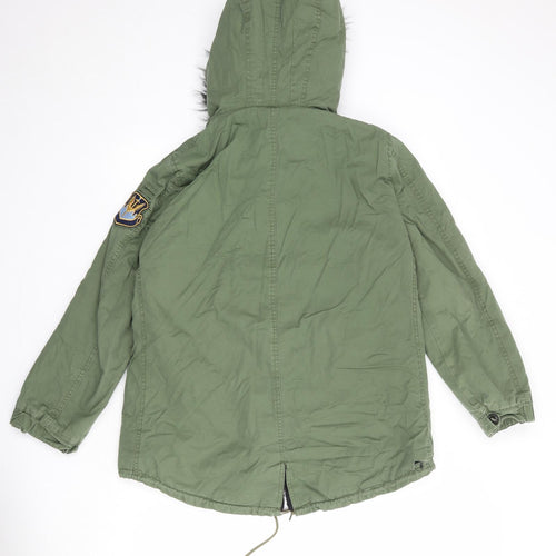 Zara Womens Green Parka Coat Size M Zip - Patch Work Detail