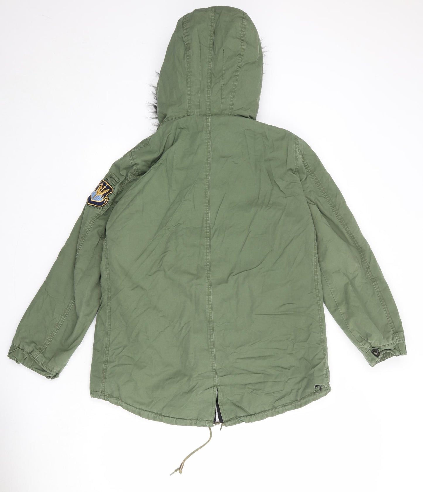 Zara Womens Green Parka Coat Size M Zip - Patch Work Detail