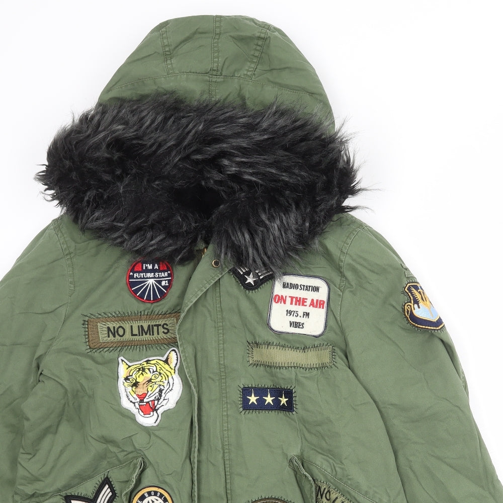 Zara Womens Green Parka Coat Size M Zip - Patch Work Detail