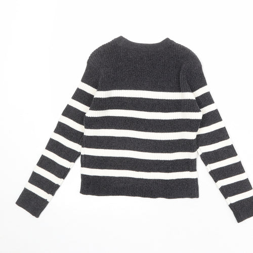 Marks and Spencer Girls Grey Round Neck Striped Polyester Pullover Jumper Size 7-8 Years Pullover