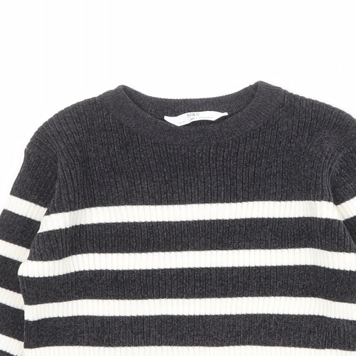 Marks and Spencer Girls Grey Round Neck Striped Polyester Pullover Jumper Size 7-8 Years Pullover