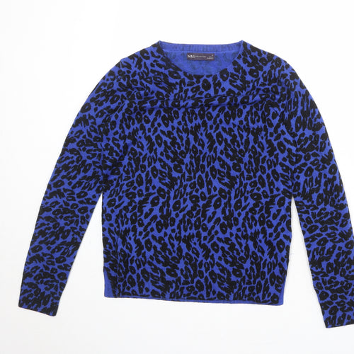 Marks and Spencer Womens Blue Round Neck Animal Print Acrylic Pullover Jumper Size 8 - Leopard Print