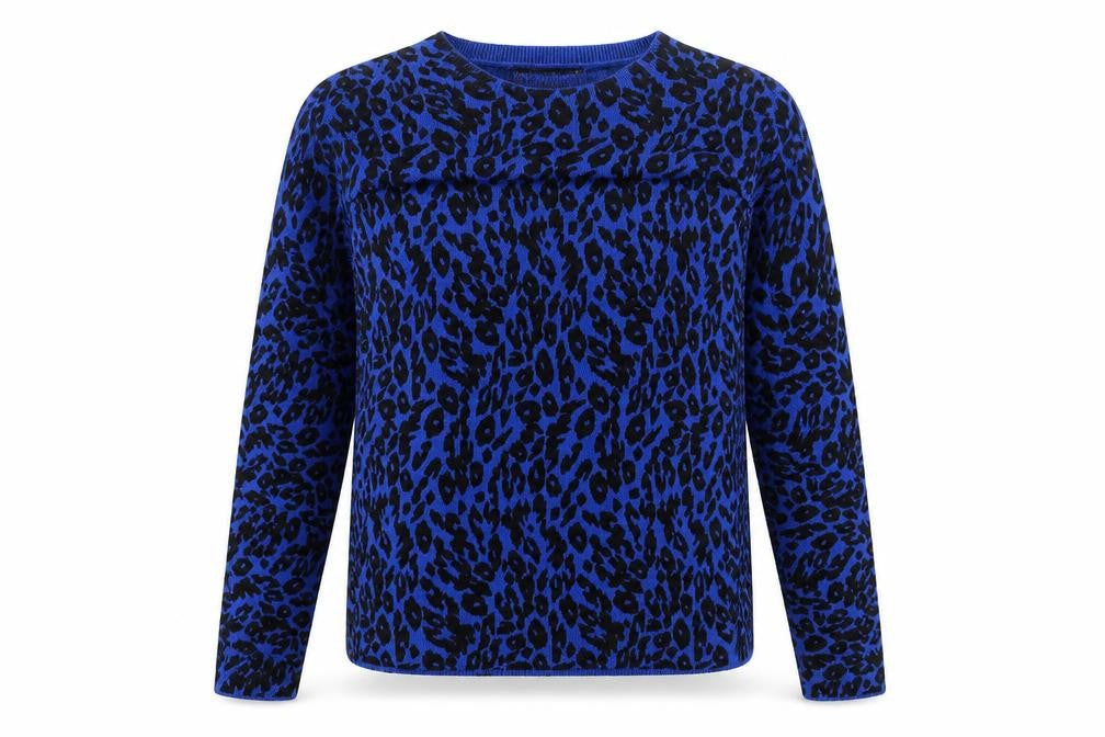 Marks and Spencer Womens Blue Round Neck Animal Print Acrylic Pullover Jumper Size 8 - Leopard Print