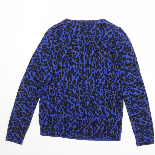 Marks and Spencer Womens Blue Round Neck Animal Print Acrylic Pullover Jumper Size 8 - Leopard Print