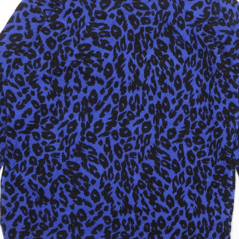 Marks and Spencer Womens Blue Round Neck Animal Print Acrylic Pullover Jumper Size 8 - Leopard Print