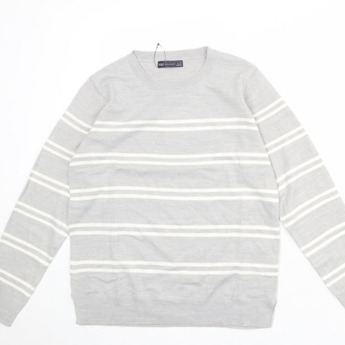 Marks and Spencer Womens Grey Round Neck Striped Acrylic Pullover Jumper Size 12