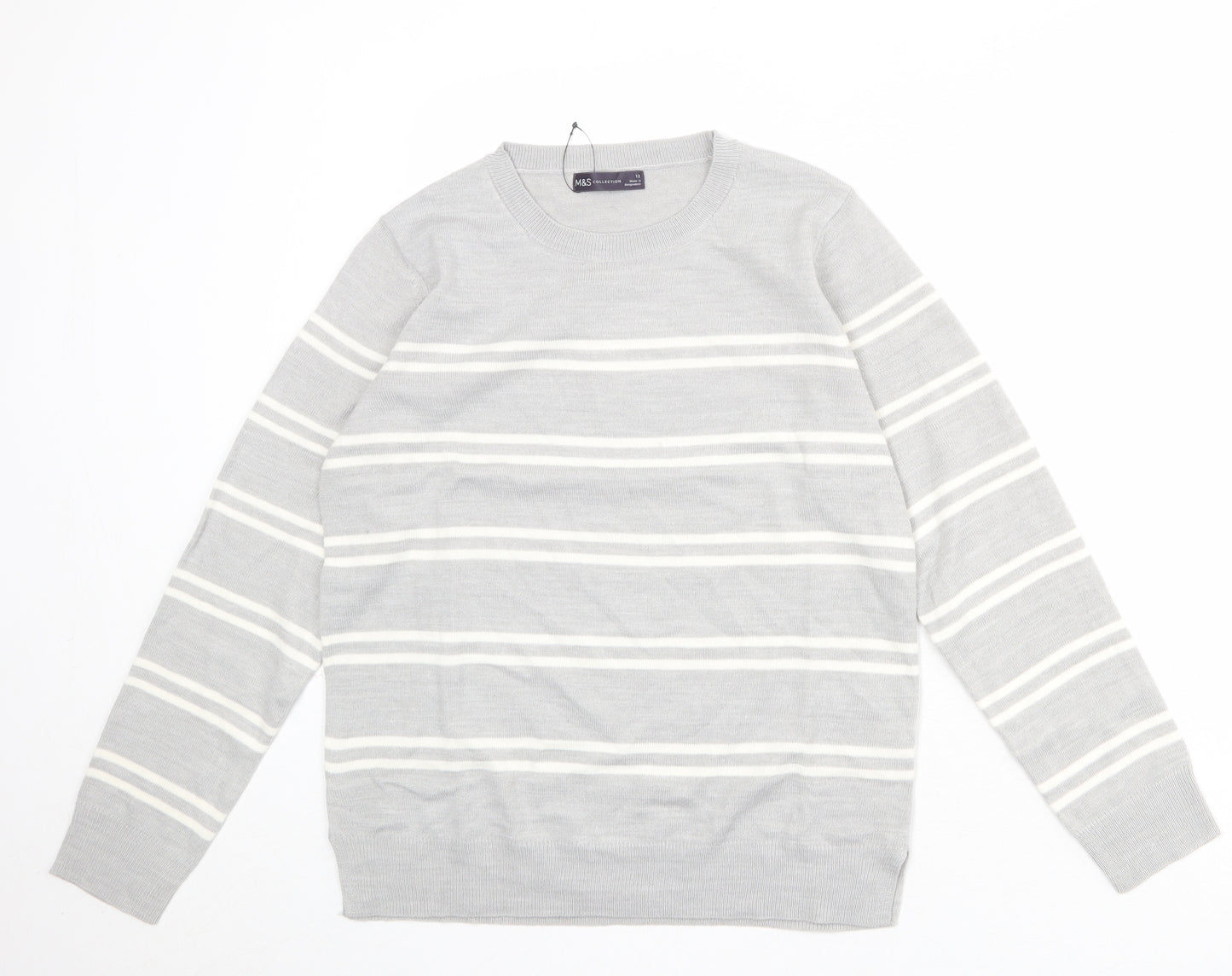 Marks and Spencer Womens Grey Round Neck Striped Acrylic Pullover Jumper Size 12