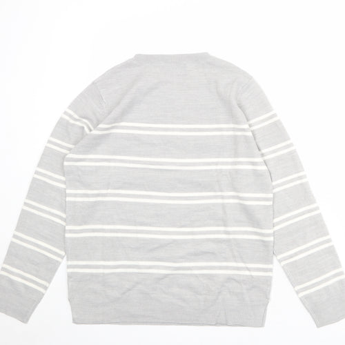 Marks and Spencer Womens Grey Round Neck Striped Acrylic Pullover Jumper Size 12