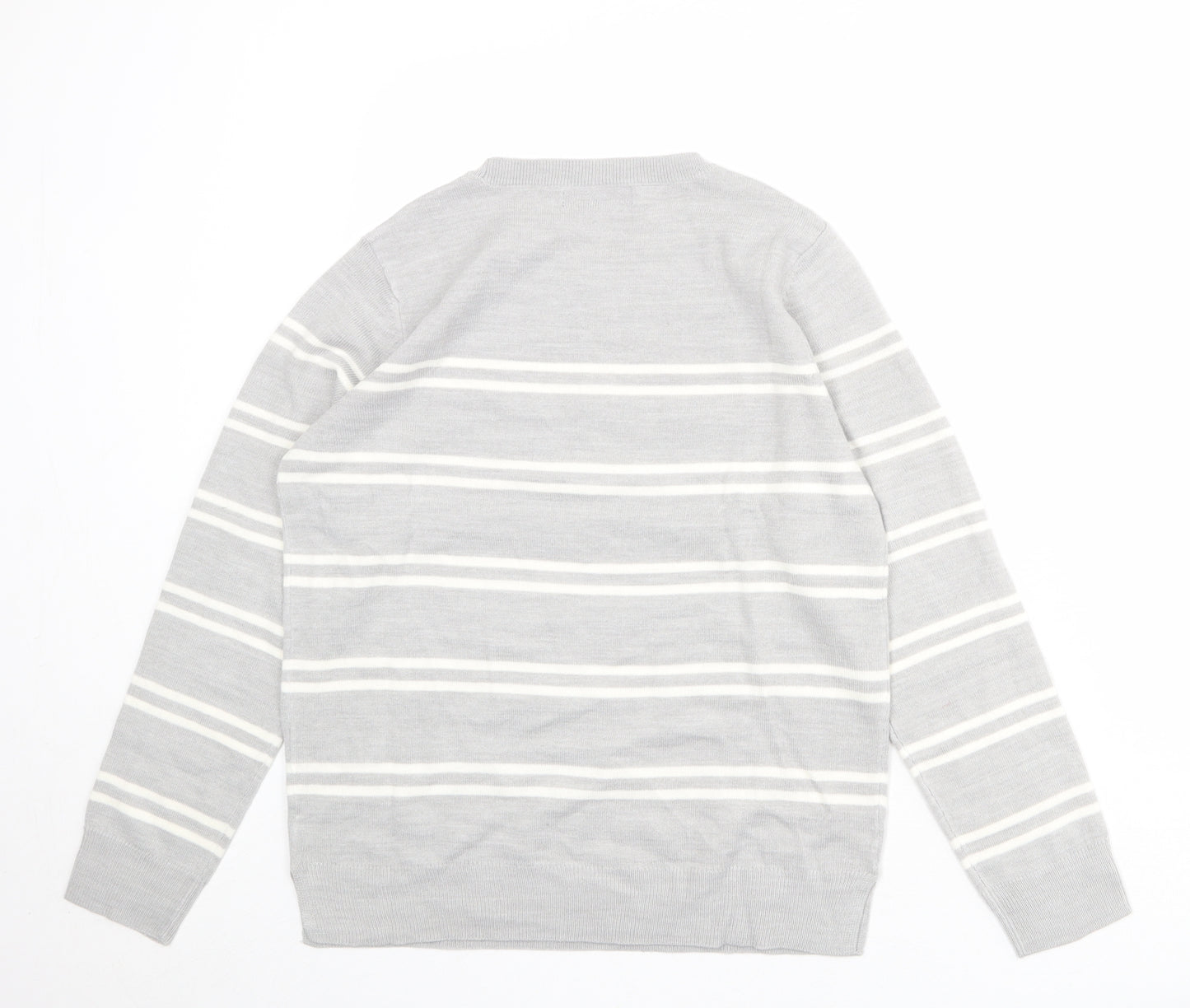 Marks and Spencer Womens Grey Round Neck Striped Acrylic Pullover Jumper Size 12