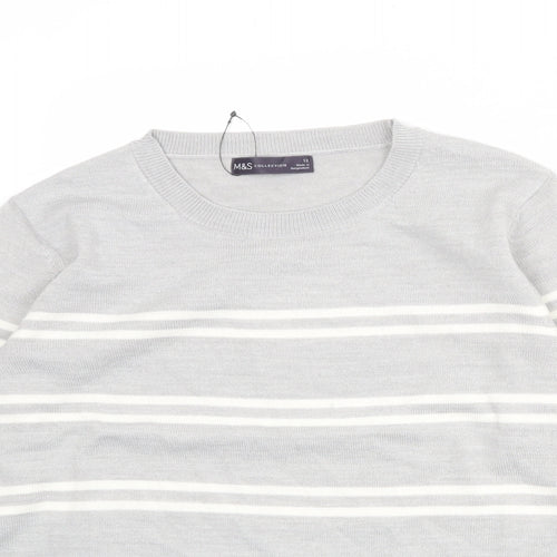 Marks and Spencer Womens Grey Round Neck Striped Acrylic Pullover Jumper Size 12