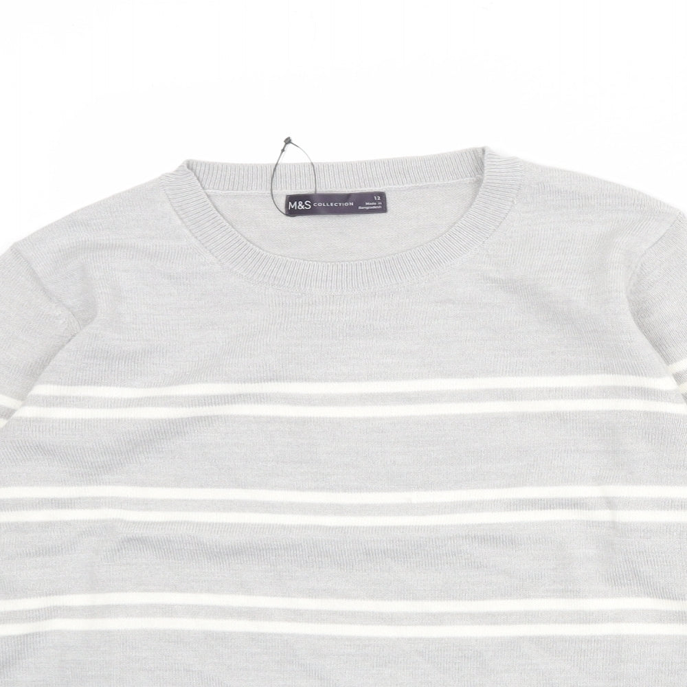Marks and Spencer Womens Grey Round Neck Striped Acrylic Pullover Jumper Size 12