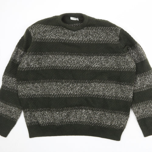 Marks and Spencer Mens Green Round Neck Striped Polyester Pullover Jumper Size 4XL Long Sleeve