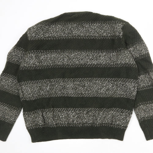 Marks and Spencer Mens Green Round Neck Striped Polyester Pullover Jumper Size 4XL Long Sleeve