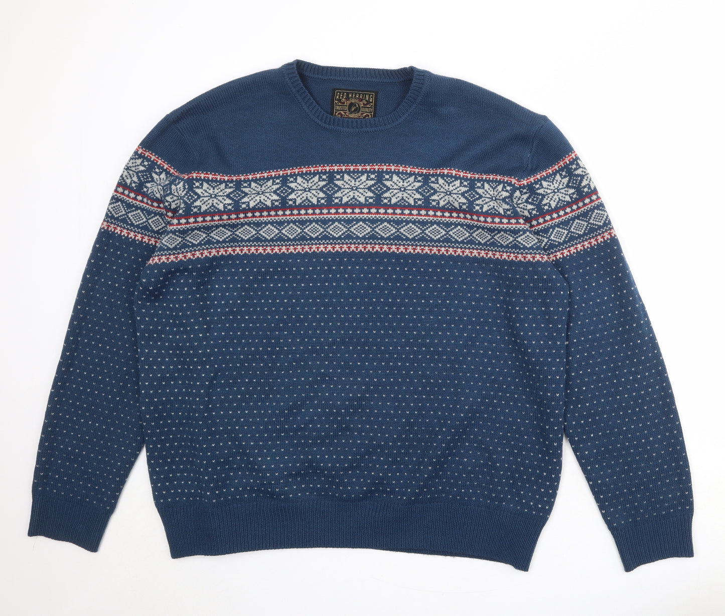 Red Herring Mens Blue Round Neck Fair Isle Acrylic Pullover Jumper Size 2XL Long Sleeve