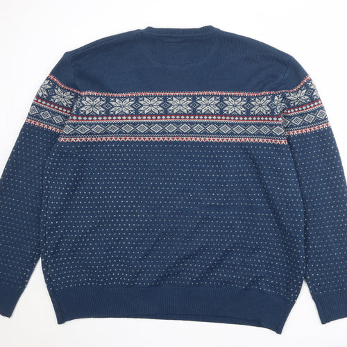 Red Herring Mens Blue Round Neck Fair Isle Acrylic Pullover Jumper Size 2XL Long Sleeve
