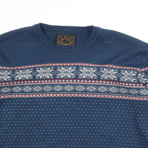 Red Herring Mens Blue Round Neck Fair Isle Acrylic Pullover Jumper Size 2XL Long Sleeve
