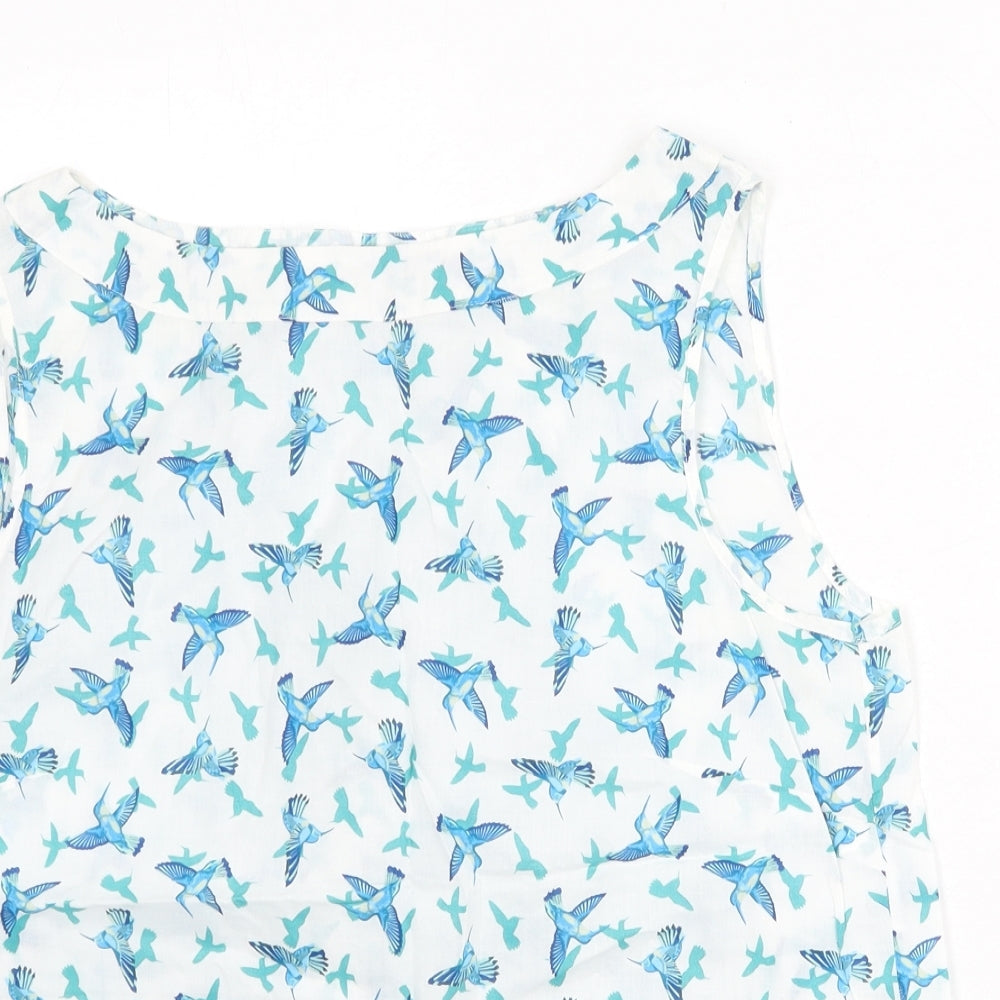 Warehouse Womens White Geometric 100% Cotton Basic Blouse Size 12 Boat Neck - Bird Print