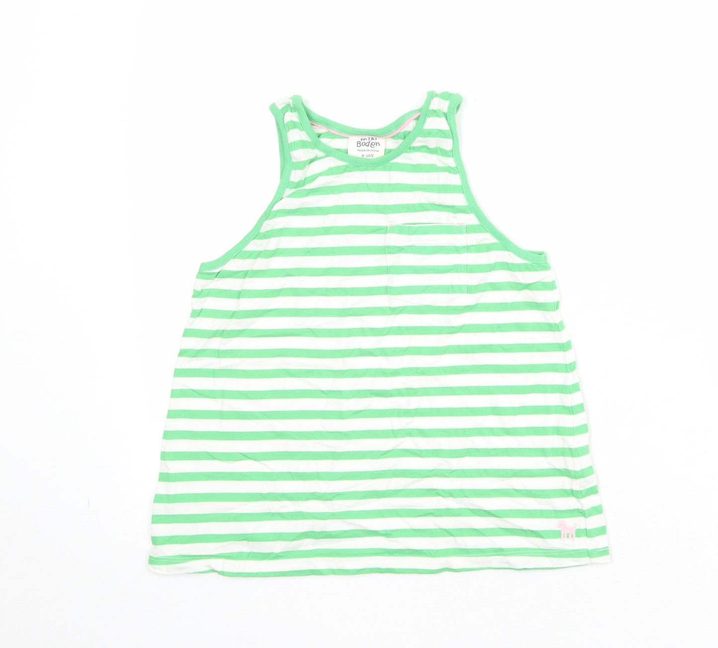Mini Boden Girls Green Striped 100% Cotton Basic Tank Size 9-10 Years Round Neck Pullover