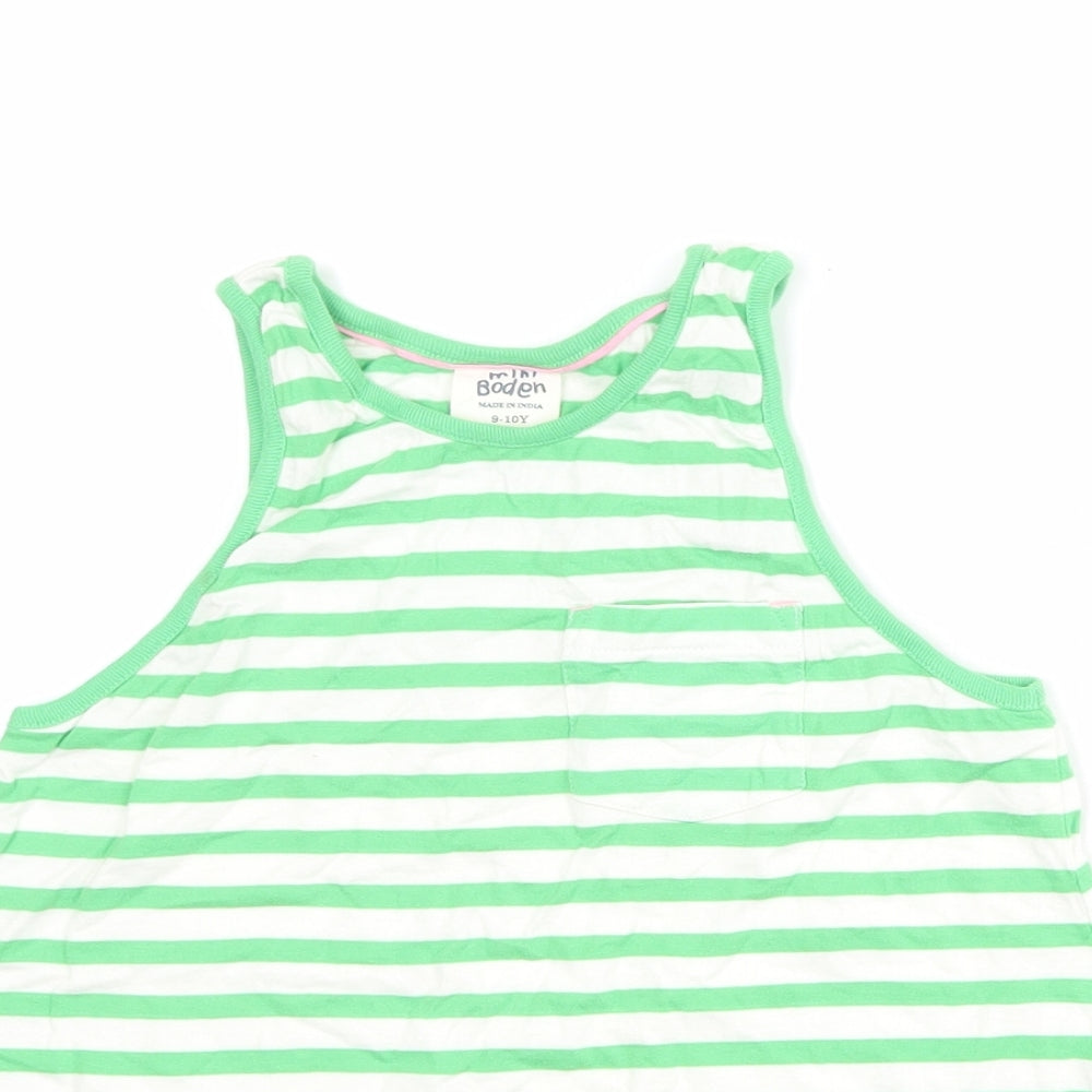 Mini Boden Girls Green Striped 100% Cotton Basic Tank Size 9-10 Years Round Neck Pullover