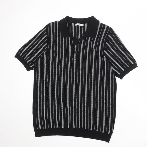 Mango Mens Black Striped Polyester Polo Size 2XL Collared Button