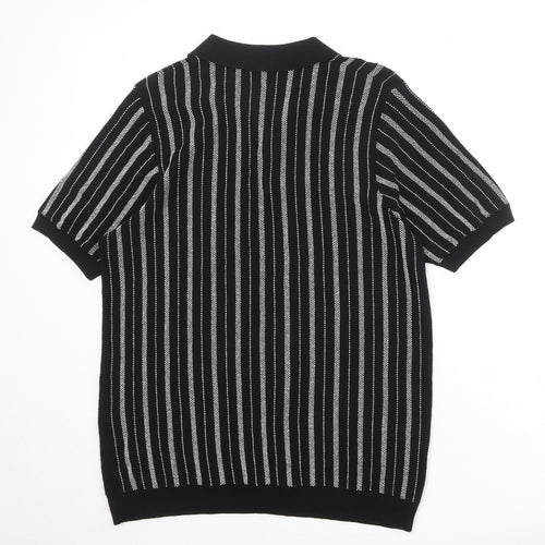 Mango Mens Black Striped Polyester Polo Size 2XL Collared Button